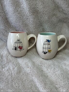Rae Dunn Magenta Coffee Mugs Birds Birdcage Aqua Pink M Stamp Rare